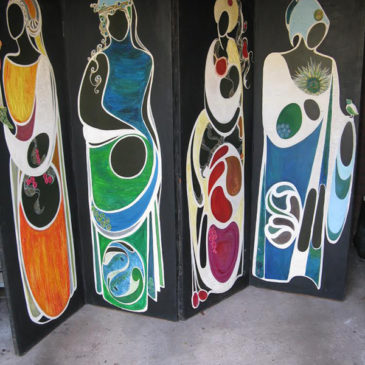 EXTRAORDINARY DYNAMIC FOUR FOLD SCREEN IN REXINE, GESSO & OIL